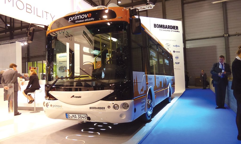 Bombardier showed its inductive charging system under a Rampini electric midibus.