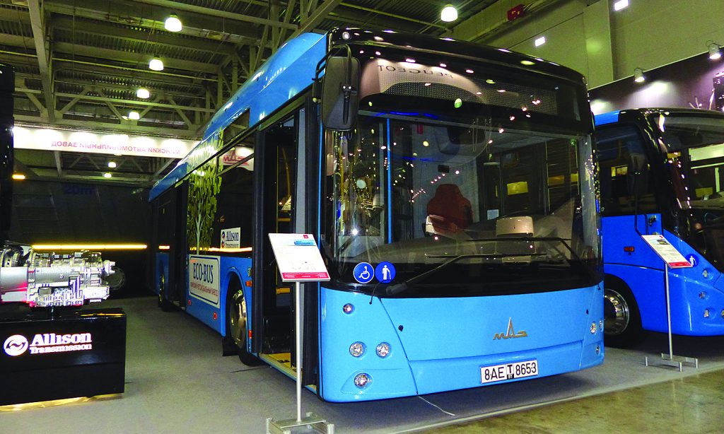 A low-floor MAZ bus with a Mercedes-Benz CNG engine and Allison automatic gearbox.