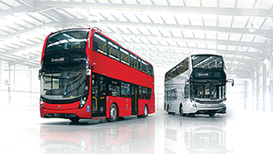 Two new Enviro400 buses. The silver model is built to a lower height. 