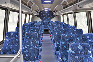 The luxury interior features seating with three-point seat belts and overhead swan racks with individual reading light and air controls for each passenger.