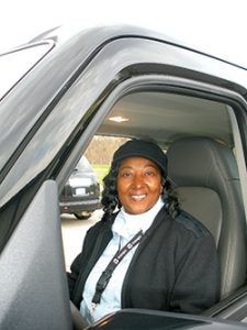 Evette Franklin-Ford, senior paratransit driver for Transpo Access, South Bend, IN, maneuvered the MV-1 through the humps and bumps on the AM General road test track.