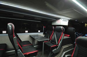 The test coach is custom outfitted with onboard Wi-Fi, worktables and Grand Luxe leather seats, with USB ports and 110v at each seat.