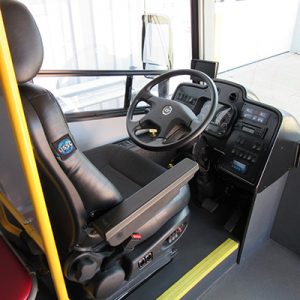 The driver’s area features ample legroom and a clear view through the windshield.