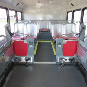 This photo shows ARBOC’s continuous aisle to the rear of the bus.