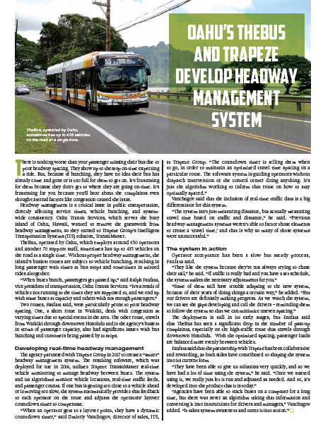 Oahu's TheBus and Trapeze develop headway management system